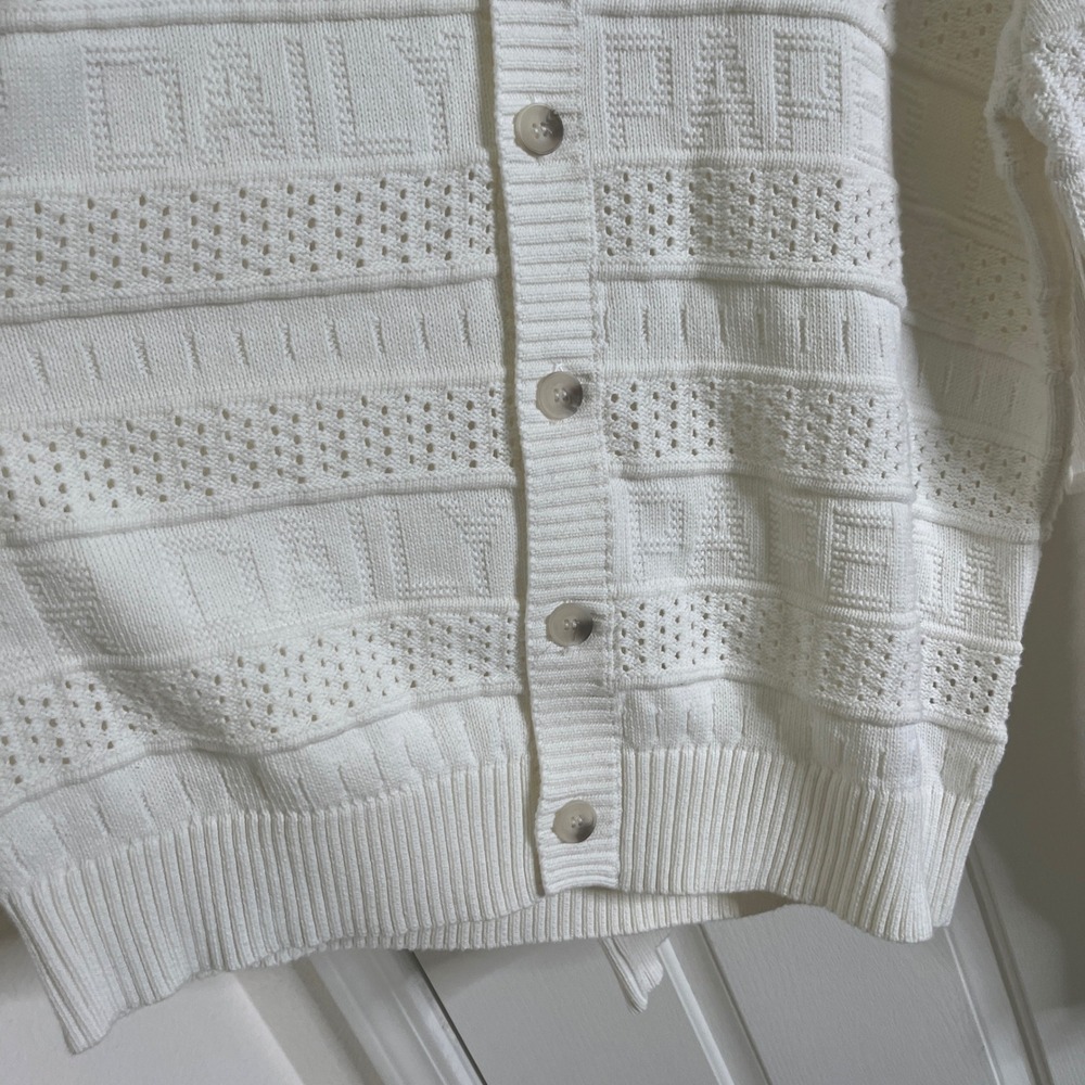 $196 Daily Paper Rajih Cotton All Over Logo Pointelle Knit Cardigan Mens L White - Picture 10 of 13